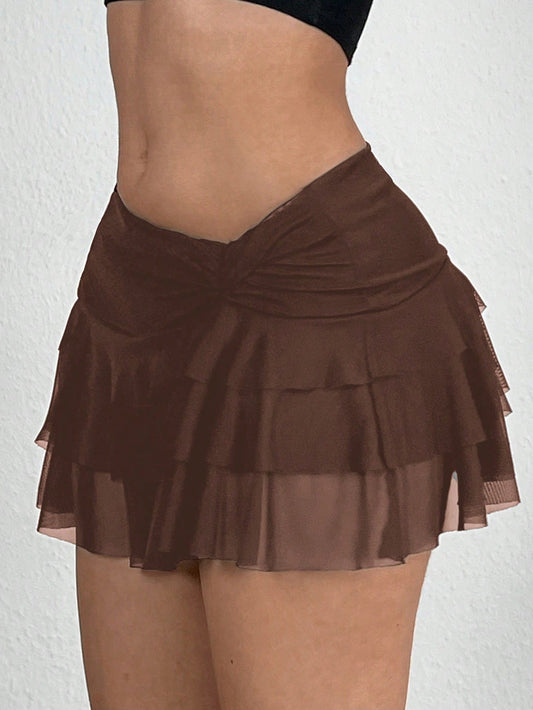 Ezwear Women Solid Color Asymmetrical Hem Pleated Waist A-Line Skirt