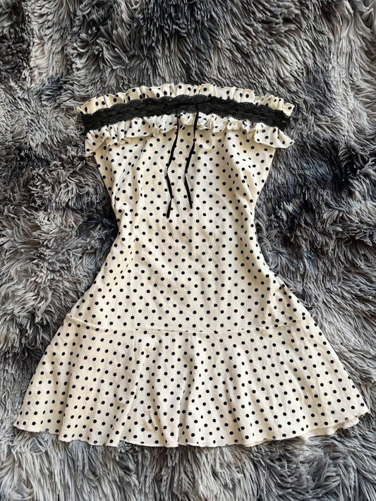 INAWLY Women Frill Trim Polka Dot Print Contrast Lace Strapless Mini Dress