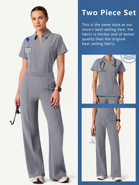 Cimmuovere 2Pcs Solid Color Pocket Top and Pants Pajama Set