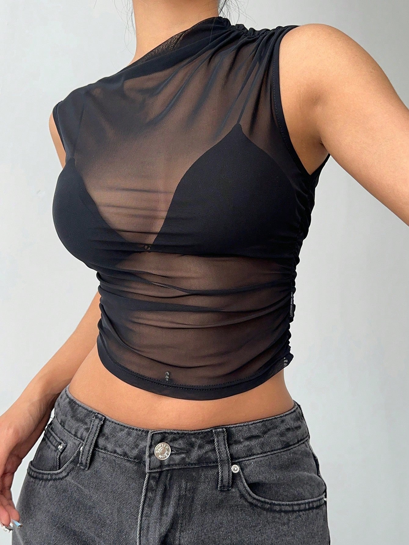Siren Gaze Black Mesh See-Through Asymmetrical Neck Top, Music Festival Party Top, Summer Women'S,Easter /Concert Women Music Festival Holiday