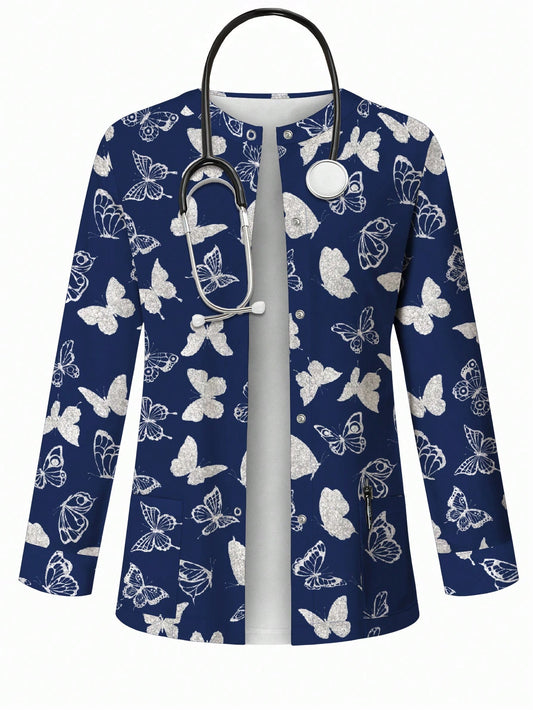 Popscrub Women'S Casual Butterfly Silhouette Print Lightweight Cardigan Jacket, Suitable for Spring/Summer Nursing/ Uniforms