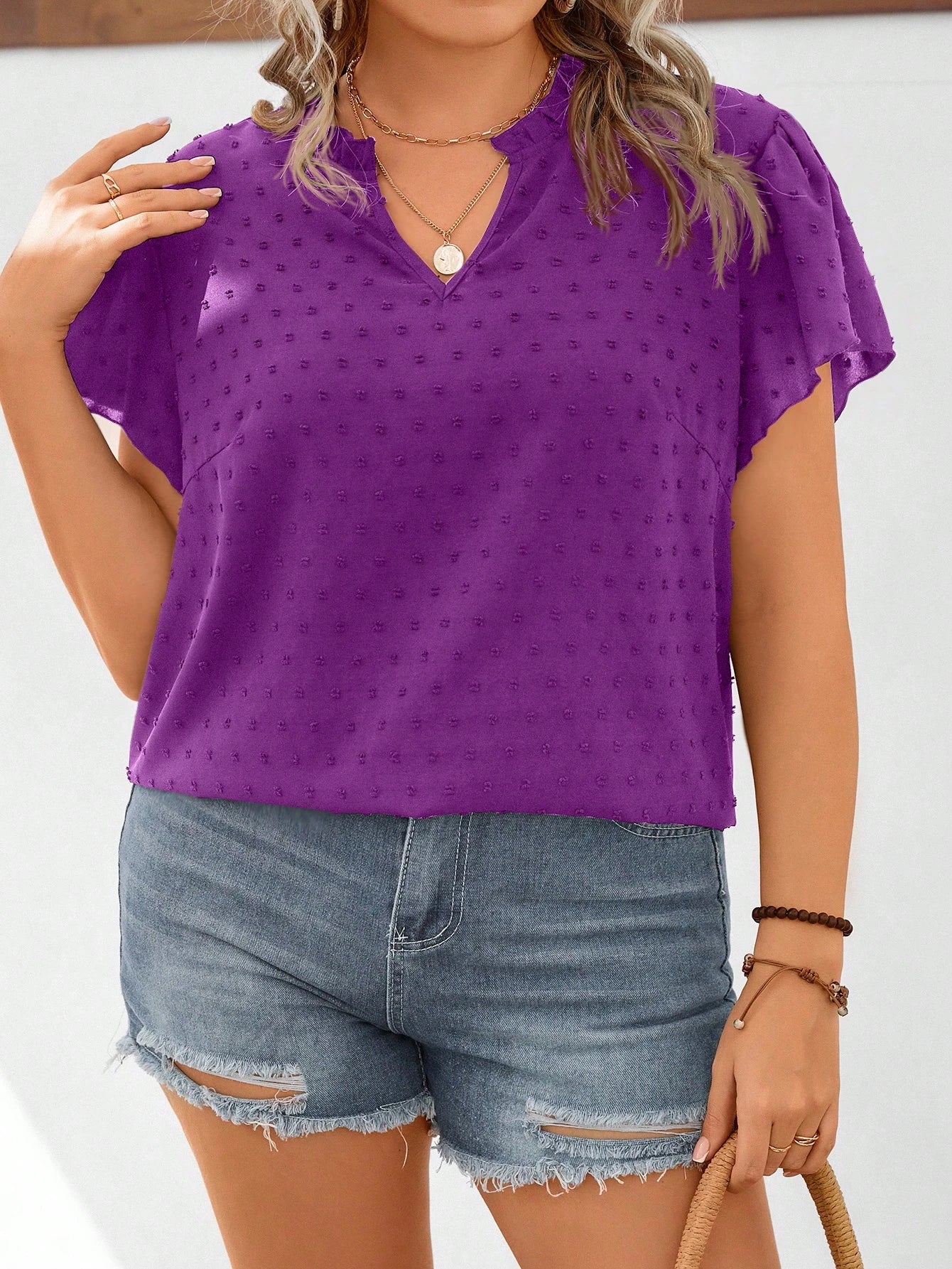 LUNE plus Swiss Dot Notched Neckline Butterfly Sleeve Blouse