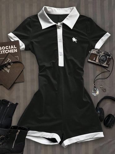 Attitoon Casual Minimalist College Style Small Horse Logo Graphic Women'S Polo Neck Jumpsuit, Suitable for Autumn/Winter, Versatile Style, Vintage, College, Sexy, Cute, Y2K, Coconut Girl, Boho, Hippie, Music Festival