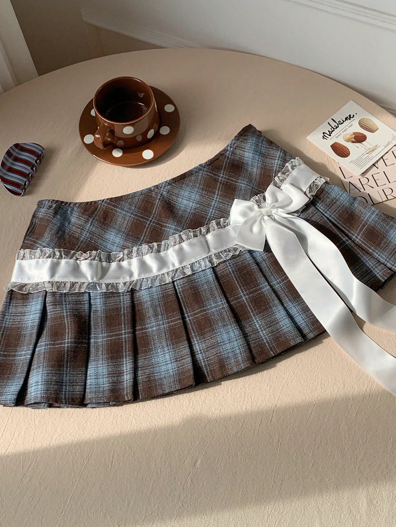 Comfortcana 2025 New Fall and Winter Women'S Plaid Lace Bow Decor Fashionable School Style Pleated Skirt Christmas New Year Party Graduation Brown and Blue Skirt