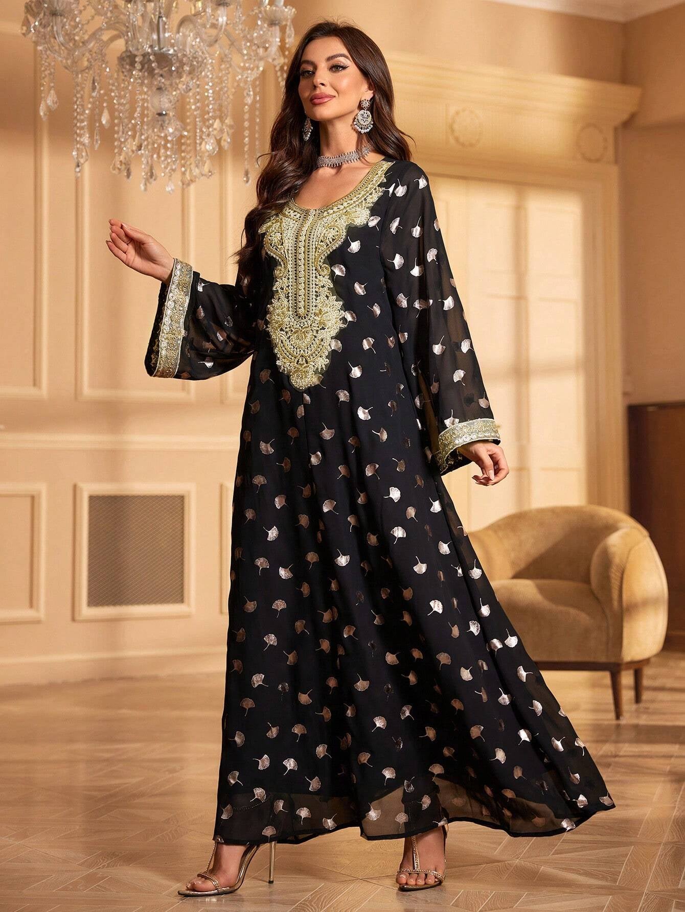 Rhinestone Embellished Long Sleeve Kaftan Maxi Dress