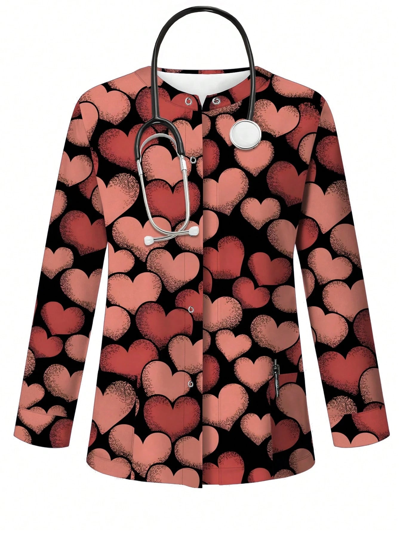 Popscrub Women'S Casual Heart Print Cardigan Jacket, Suitable for /Nursing Uniforms, Spring/Summer Valentine'S Day