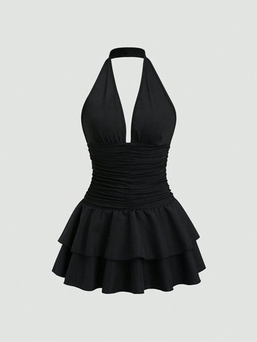 Sweetra Black Knit & Woven Patchwork V-Neck Ruffle Backless Mini Dress with Ruched Waist, Simple & Elegant for Vacation Casual Daily Wear, Spring/Summer for Women