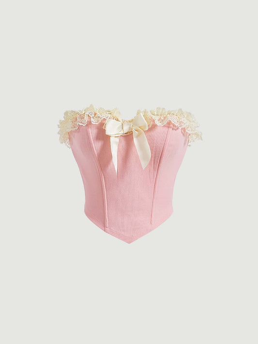 MOD Romantic Pink Corset Date Night Top Bow Front Ruffle Trim Bandana Hem Crop Tube Top