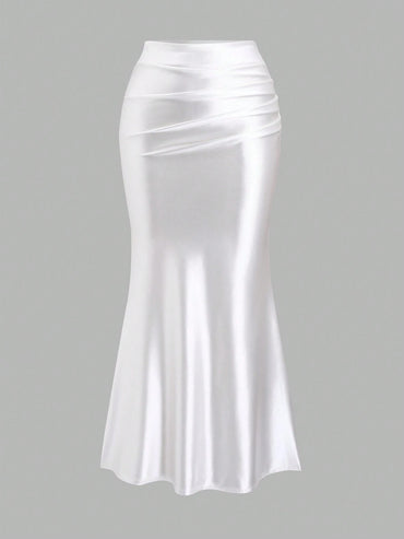 Sweetra Women'S White Pleated Fishtail Skirt, Elegant