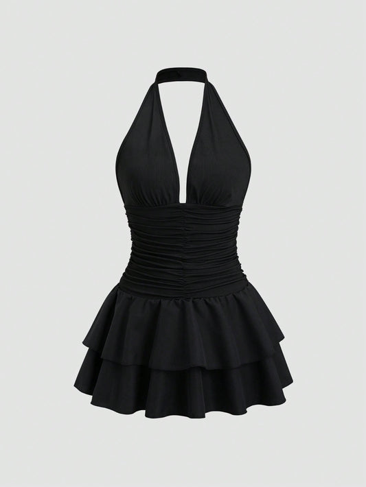 Sweetra Black Knit & Woven Patchwork V-Neck Ruffle Backless Mini Dress with Ruched Waist, Simple & Elegant for Vacation Casual Daily Wear, Spring/Summer for Women