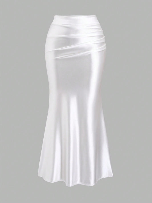Sweetra Women'S White Pleated Fishtail Skirt, Elegant