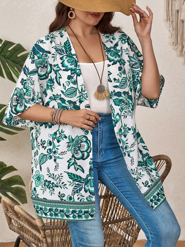 EMERY ROSE plus Size Women Floral Print Half Sleeve Open Front Kimono for Vacation for Summer Beach Vacation