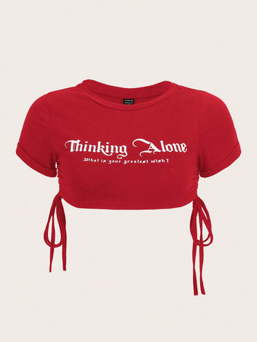 ICON Slogan Graphic Drawstring Side Crop Top Thinking Alone What Is Your Greatest Wish?