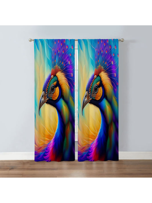 2Pcs Peacock Print Curtain