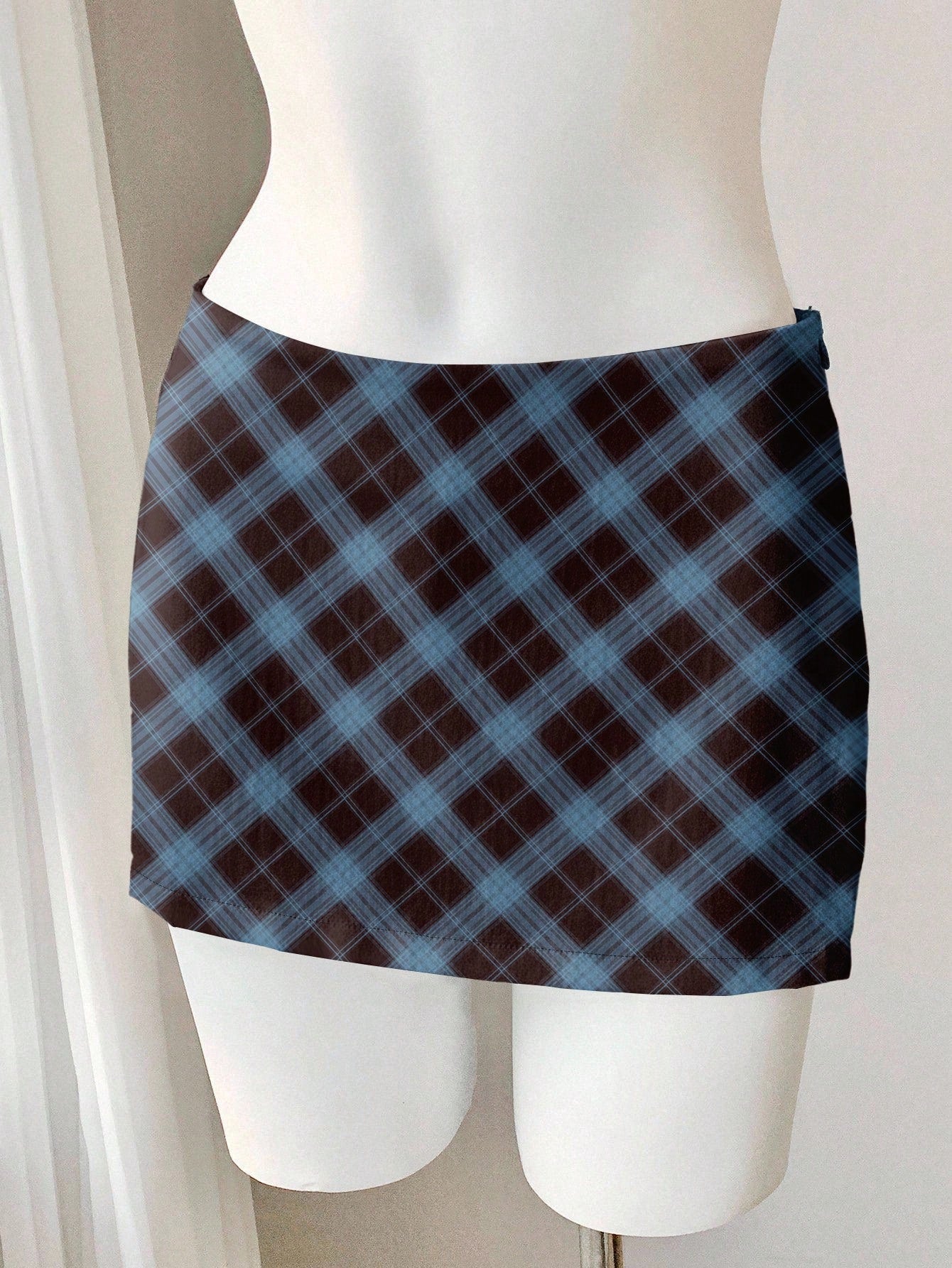 Comfortcana Casual Retro Elegant Commuting Versatile Warm Black & Blue Plaid Print Pattern Comfortable Knee-Length Skirt for Women, Suitable for Autumn/Winter