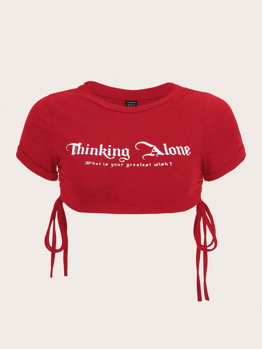 ICON Slogan Graphic Drawstring Side Crop Top Thinking Alone What Is Your Greatest Wish?