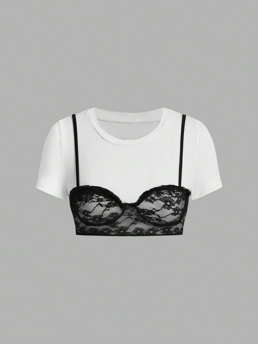 ICON Women'S Summer Crop Sleeve Contrast Lace Cropped T-Shirt with round Neck