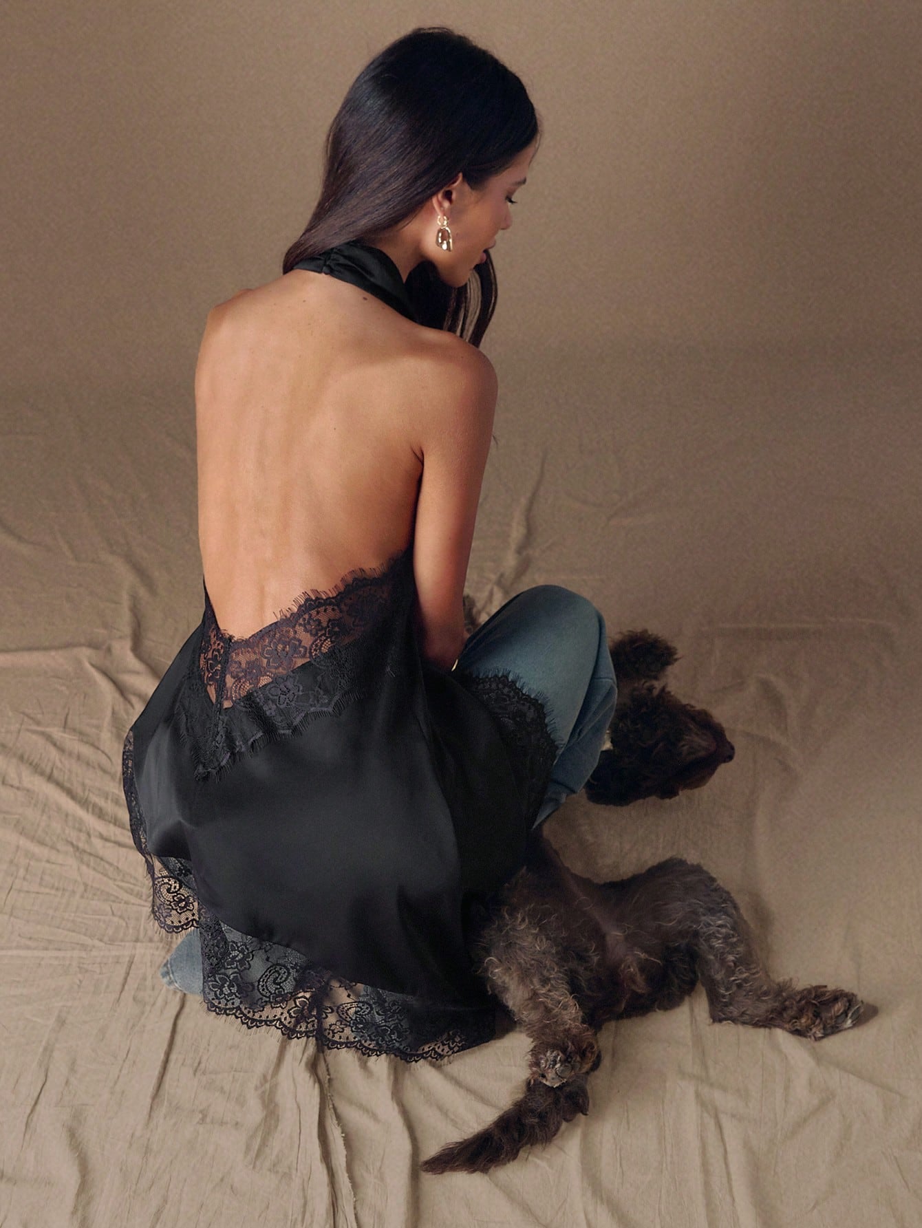 BAE Elegant Lace Trim Backless Camisole Top, Sexy Satin Patchwork Sleeveless Blouse for Party, Cocktail, Formal Occasions, Business Casual