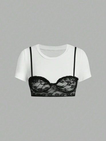 ICON Women'S Summer Crop Sleeve Contrast Lace Cropped T-Shirt with round Neck
