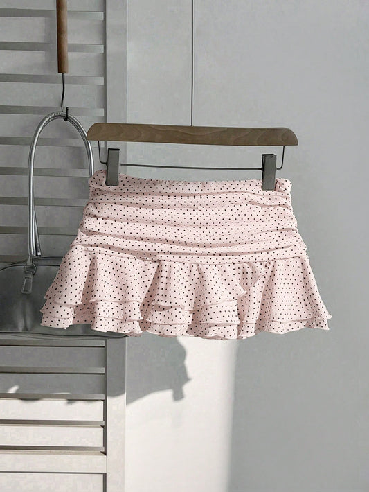 Elamini Fashionable Pleated Layered Decor Sweet Design Mini Skirt Charming Ruffled Polka Dot Vacation Style A-Line Skirt