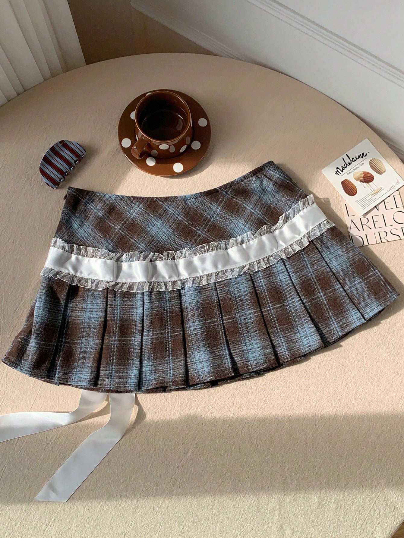 Comfortcana 2025 New Fall and Winter Women'S Plaid Lace Bow Decor Fashionable School Style Pleated Skirt Christmas New Year Party Graduation Brown and Blue Skirt