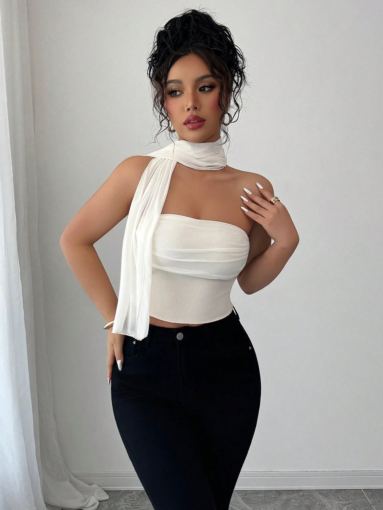 Elenzga Elegant Mesh Chiffon Ruffle Bandeau Blouse for Women