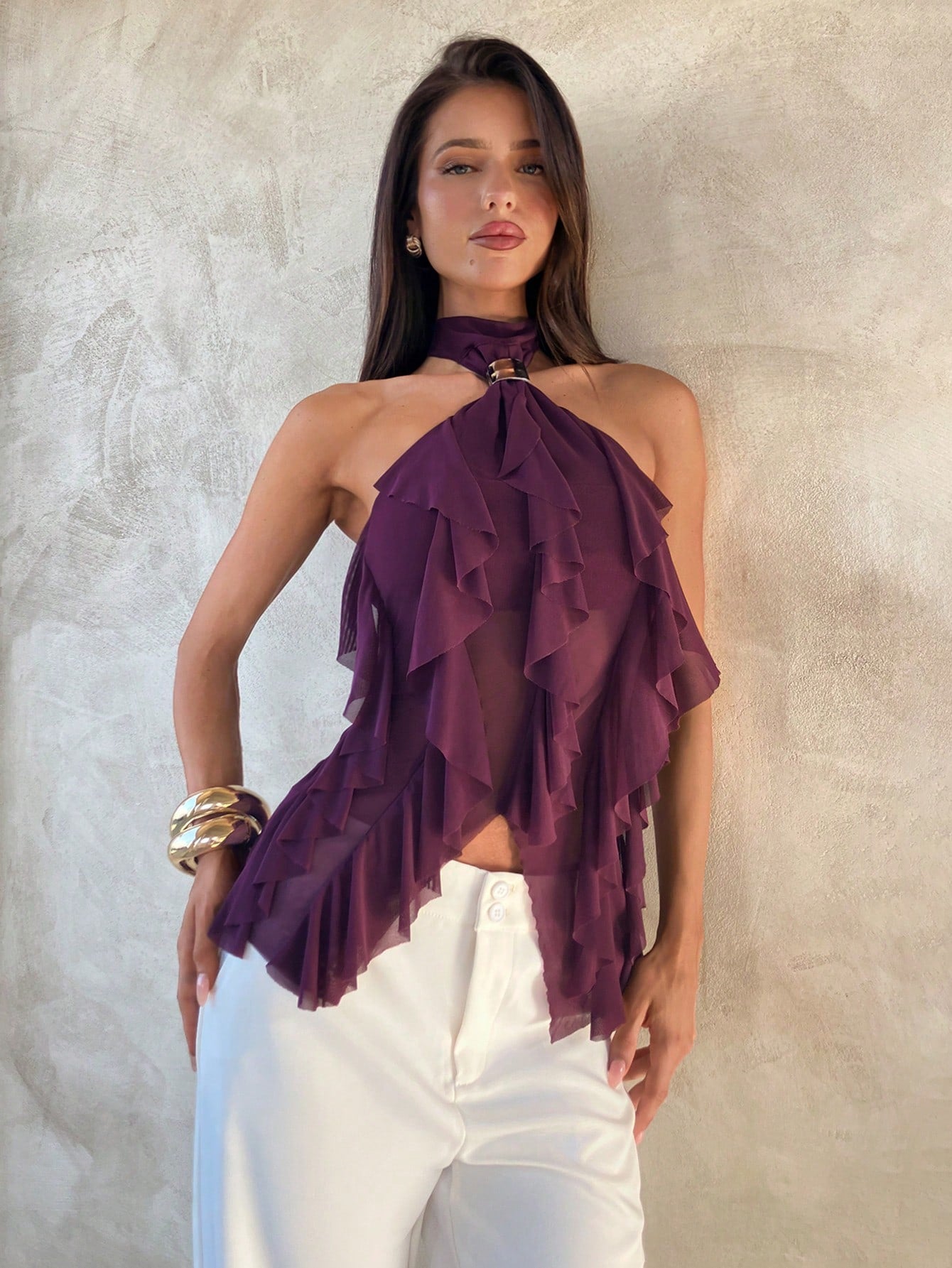 Aloruh Women'S Elegant Multi-Layer Ruffle Trim Stand Collar Fitted Tank Top Purple