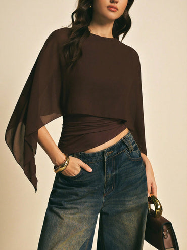 PoéSelle Women'S Brown Shawl Collar Casual Top,Elegant Blouses for Women ,Casual Women Outfits, New Year'S Outfit for Women,Suitable for Daily Wear, Going Out, Commuting Fall/Winter, Batwing Sleeve Top, Coffee Brown Top, Dark Brown Top,