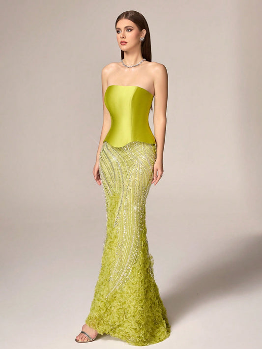 VIPGIRL Elegant Luxury Lime Green Strapless Evening Gown - Contrast Sequin Mesh Decor Mermaid Silhouette, Woven Fabric Ruffle Trim, Sleeveless Fitted Design | Suitable for Formal Dinners, Red Carpet Events, Graduation Dances, Wedding Receptions and More
