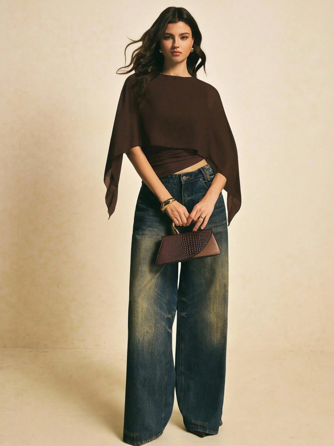 PoéSelle Women'S Brown Shawl Collar Casual Top,Elegant Blouses for Women ,Casual Women Outfits, New Year'S Outfit for Women,Suitable for Daily Wear, Going Out, Commuting Fall/Winter, Batwing Sleeve Top, Coffee Brown Top, Dark Brown Top,