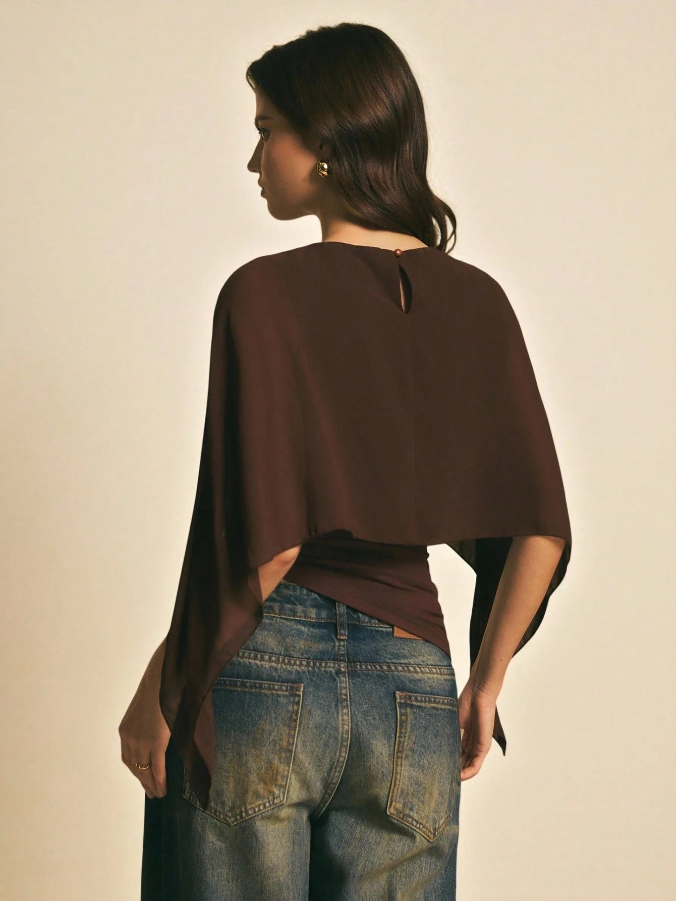 PoéSelle Women'S Brown Shawl Collar Casual Top,Elegant Blouses for Women ,Casual Women Outfits, New Year'S Outfit for Women,Suitable for Daily Wear, Going Out, Commuting Fall/Winter, Batwing Sleeve Top, Coffee Brown Top, Dark Brown Top,