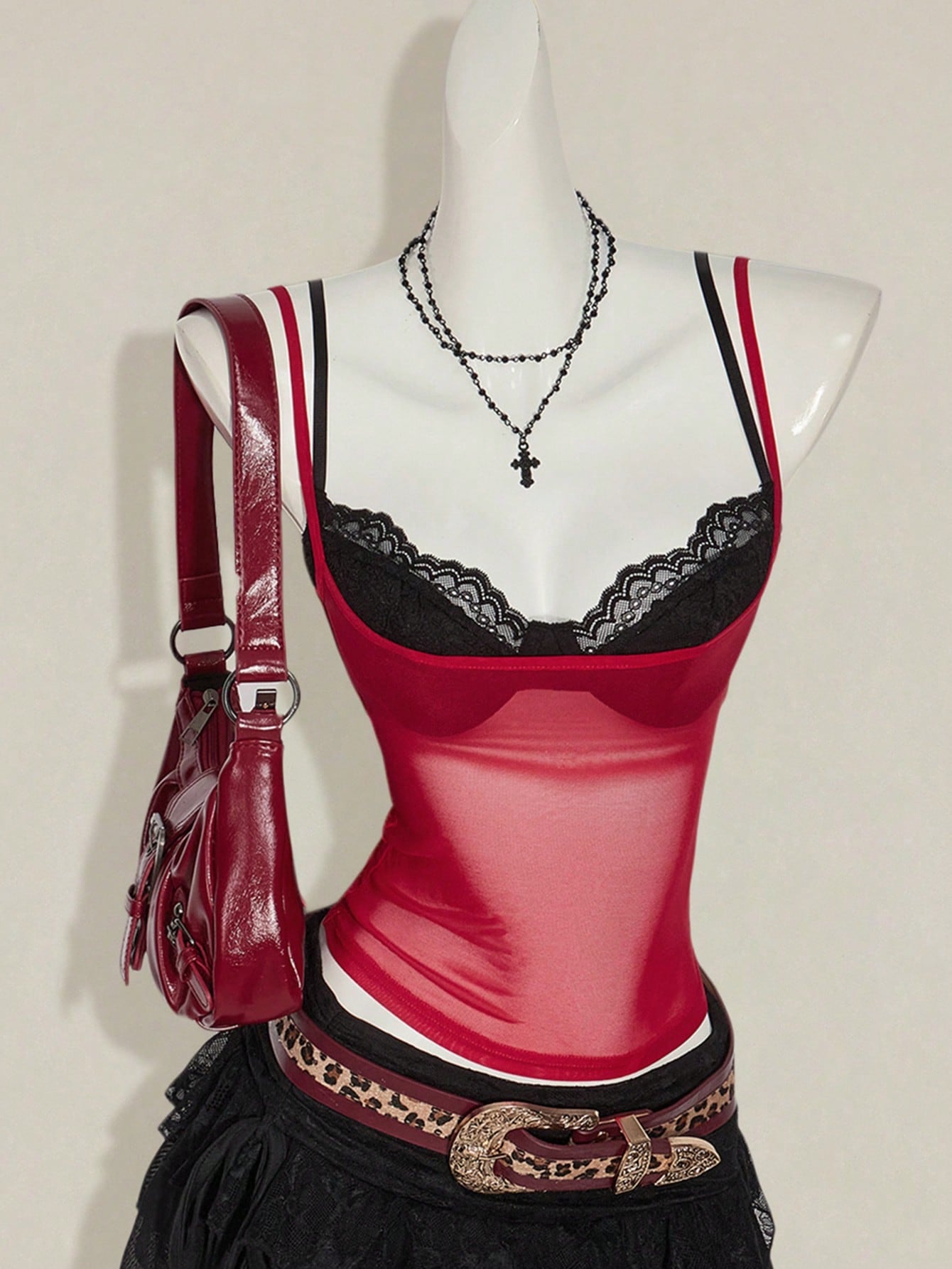 ICON Women'S Red Sheer Lace Camisole Crop Top Vest