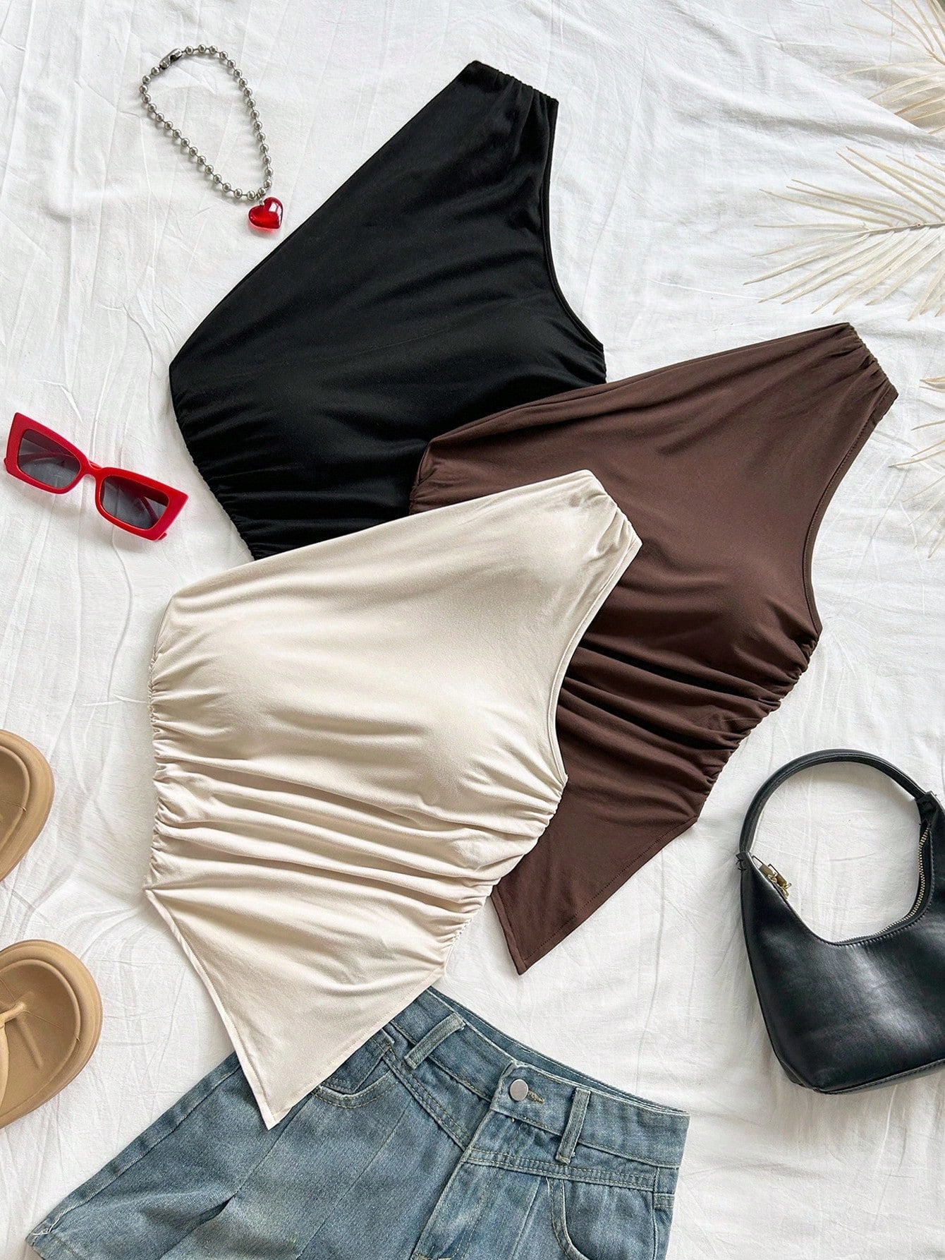 Soleia 3Pcs Women'S Vacation Casual Asymmetric Hem Asymmetrical Shoulder Top, Summer 2 Pieces Set, Suitable for Back to School, Afternoon Tea, Casual, Beach Wedding Guest, Graduation Brunch, St. Patrick'S Day, Spring Break, Easter, Music Festival, Elegant Boho Tropical, Brown, Black, Apricot