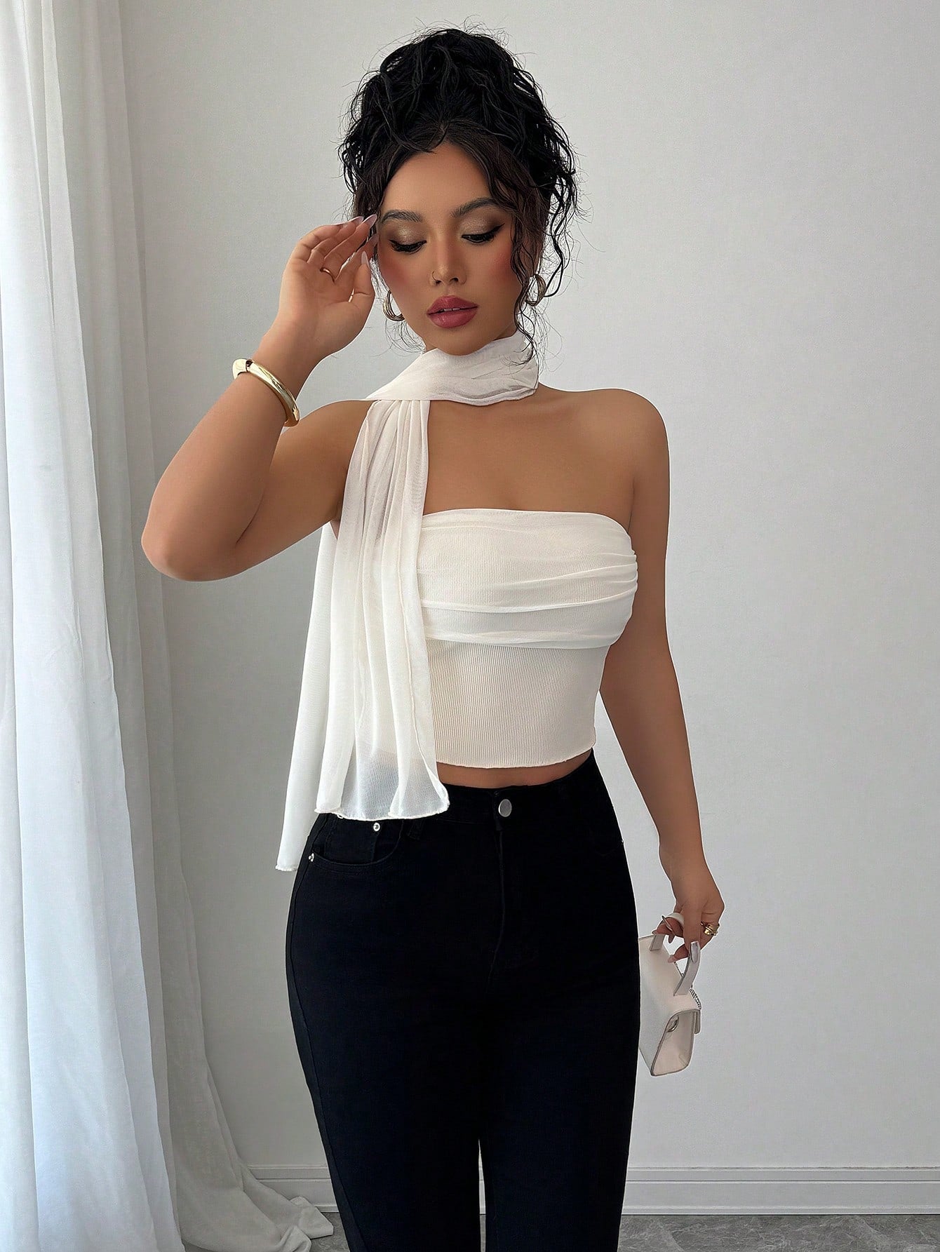 Elenzga Elegant Mesh Chiffon Ruffle Bandeau Blouse for Women