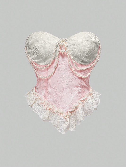 ROMWE Kawaii Vintage Victorian Style Lace Satin Pearl Brooch Decor Blouse, Puff Pink for Women