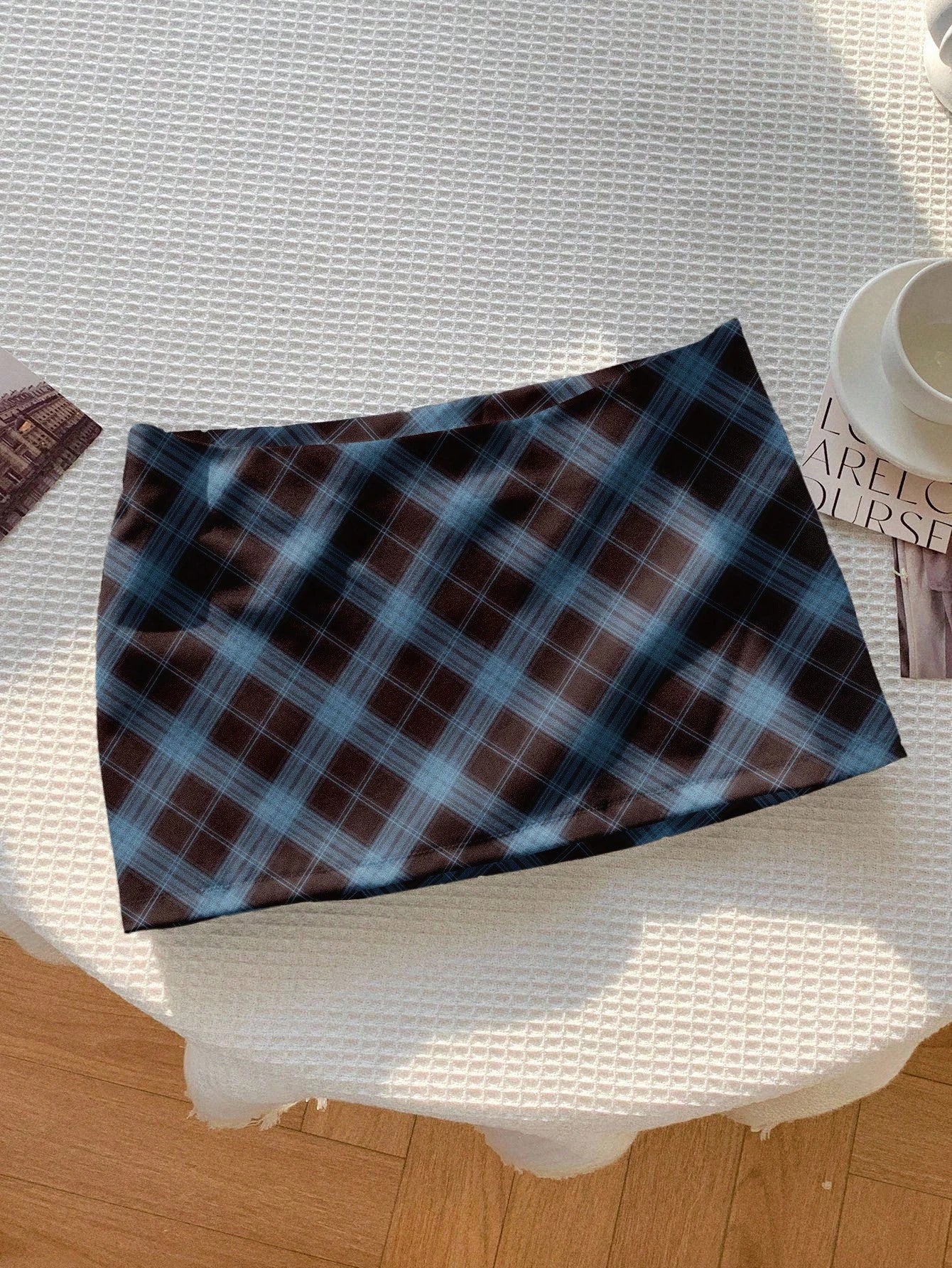 Comfortcana Casual Retro Elegant Commuting Versatile Warm Black & Blue Plaid Print Pattern Comfortable Knee-Length Skirt for Women, Suitable for Autumn/Winter