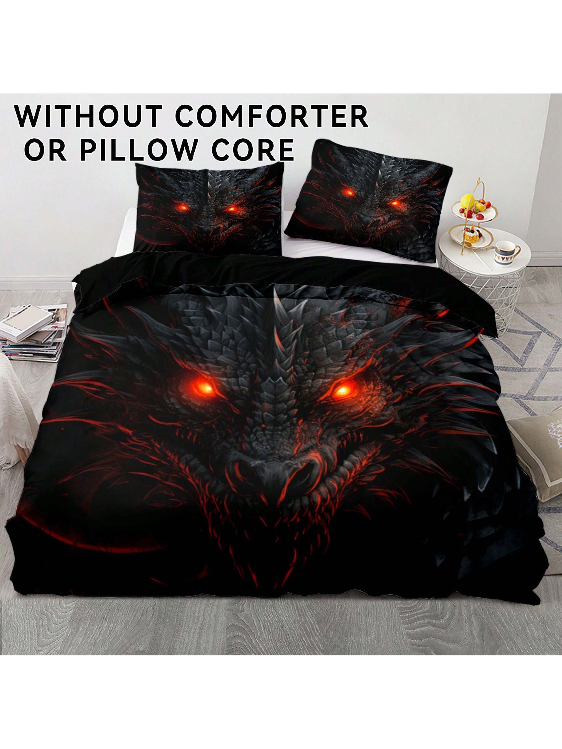 3Pcs/Set Dragon Printed Polyester Duvet Cover Set, Suitable for Bedroom, Guestroom. Soft and Comfortable Bedding Set, a Gift for Family and Friends (1*Duvet Cover + 2*Pillowcases, Pillow Inner Not Included)