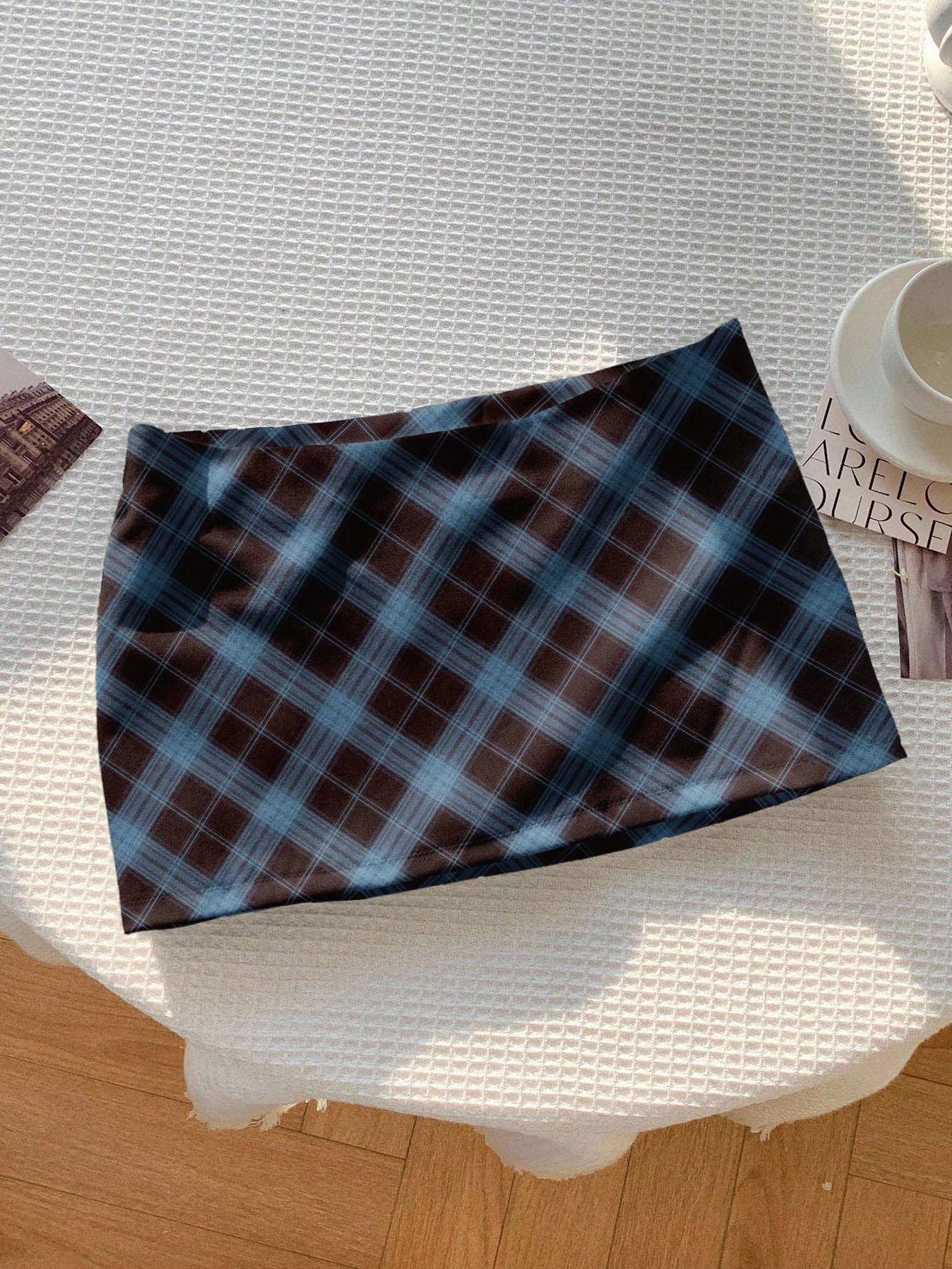 Comfortcana Casual Retro Elegant Commuting Versatile Warm Black & Blue Plaid Print Pattern Comfortable Knee-Length Skirt for Women, Suitable for Autumn/Winter