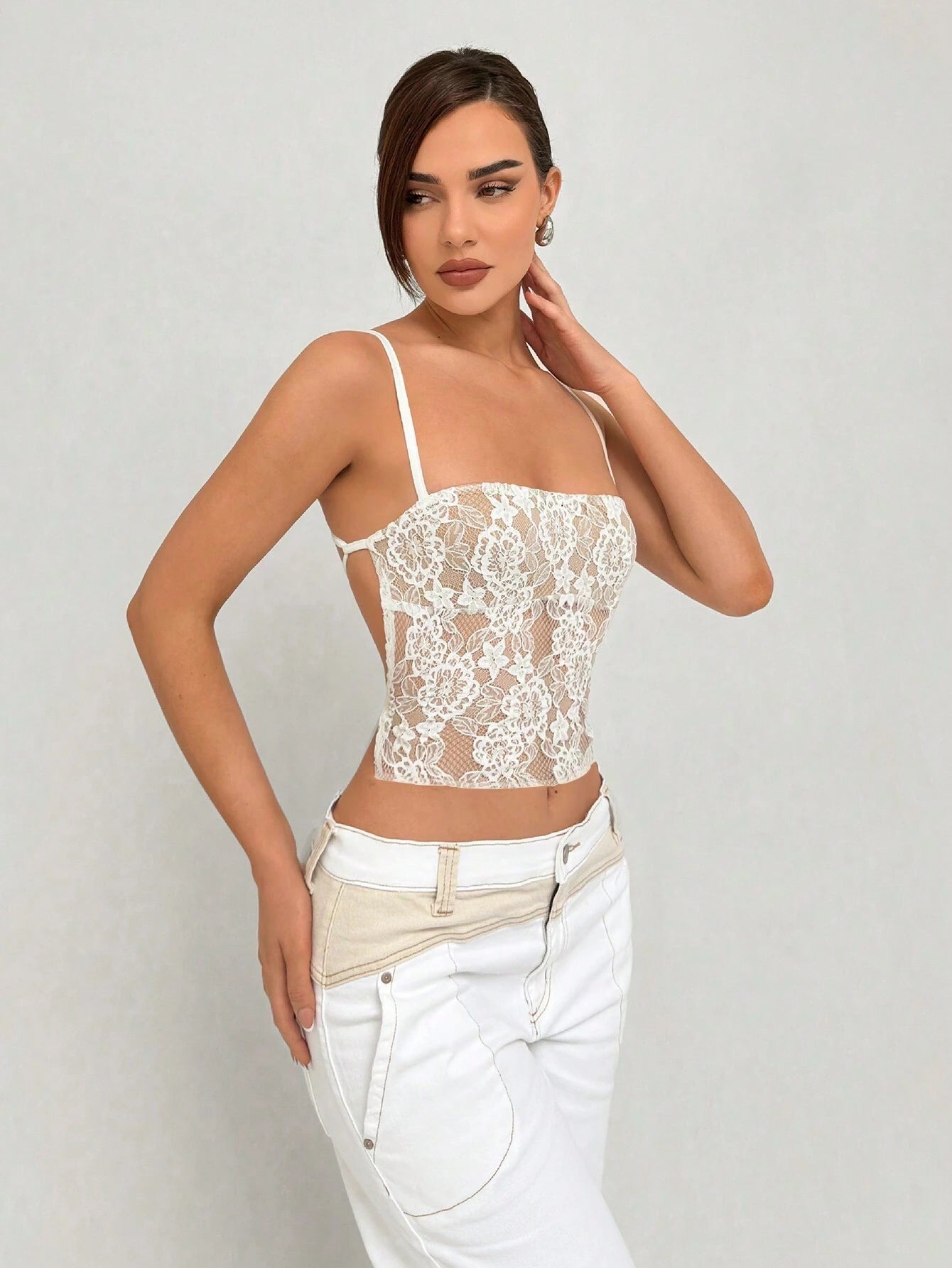 Aloruh Romantic Date Halter Lace White Women Tank Top with Backless Design