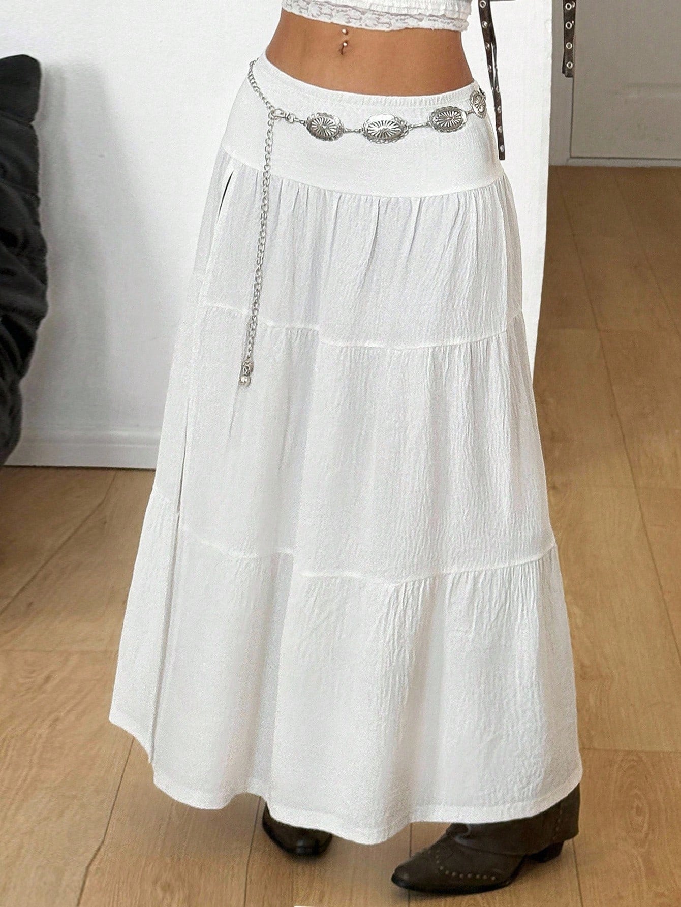 Coolane Women'S All-Season Concert Rave Festival Going Out Renaissance Fair Lace Side Slit Skirt for Vacation Western Wear Y2K Texture Fabric Long White Skirt with Slit White Boho Maxi Skirt
