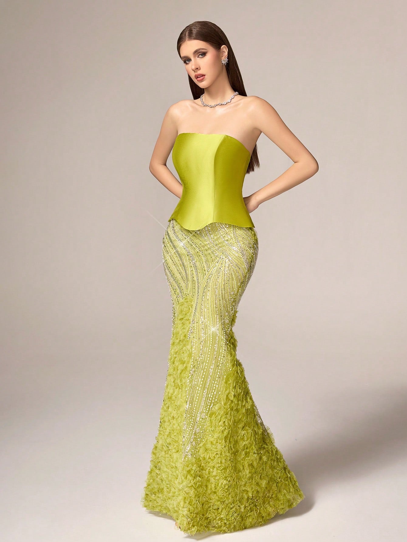 VIPGIRL Elegant Luxury Lime Green Strapless Evening Gown - Contrast Sequin Mesh Decor Mermaid Silhouette, Woven Fabric Ruffle Trim, Sleeveless Fitted Design | Suitable for Formal Dinners, Red Carpet Events, Graduation Dances, Wedding Receptions and More