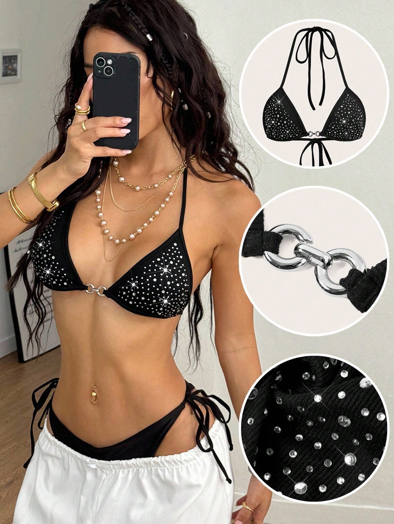 Coolane Women'S Black Halter Micro Crop Top: Rhinestone Knitted Camisole with Asymmetrical Hem for a Dazzling Night Out