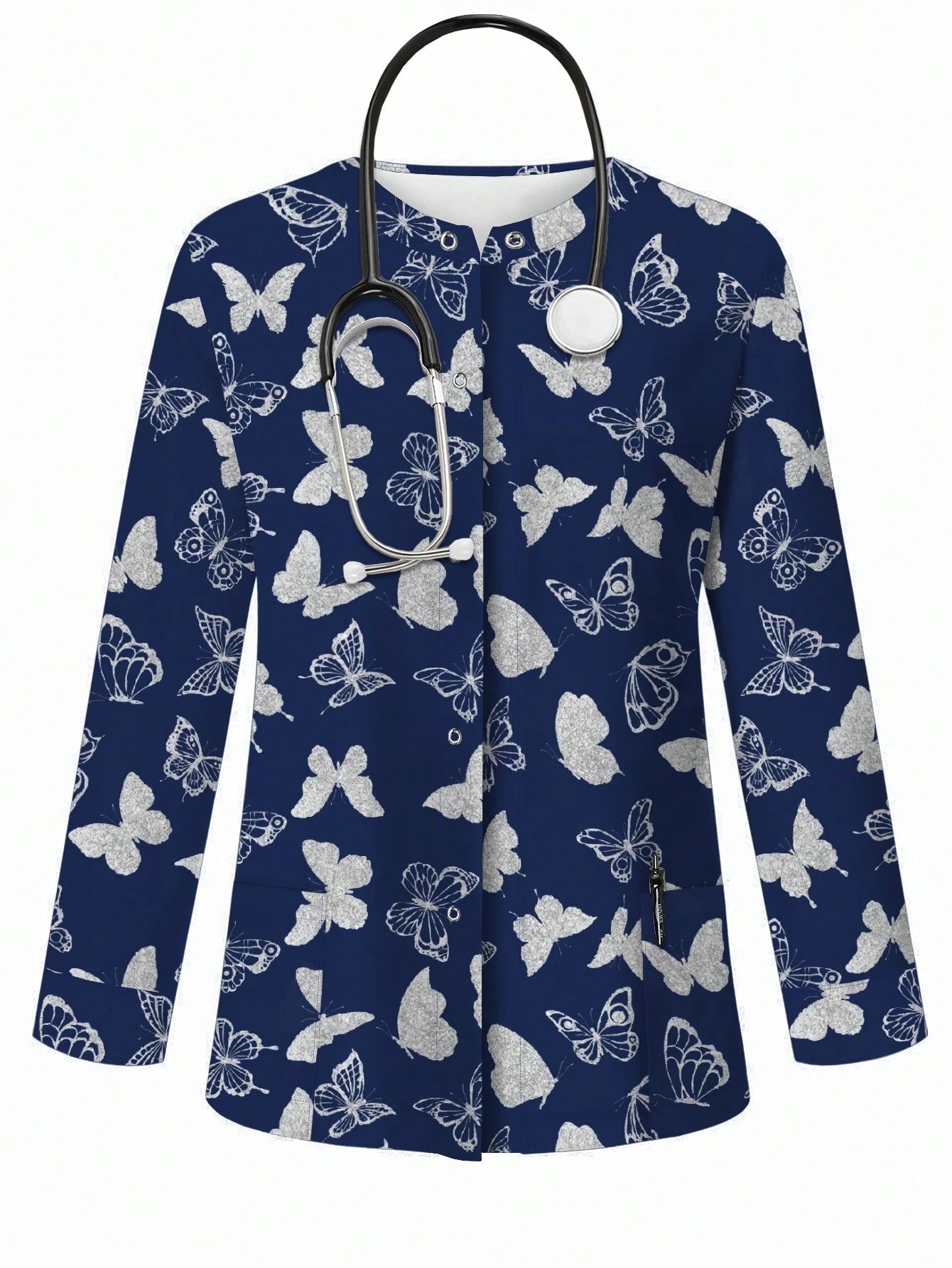Popscrub Women'S Casual Butterfly Silhouette Print Lightweight Cardigan Jacket, Suitable for Spring/Summer Nursing/ Uniforms