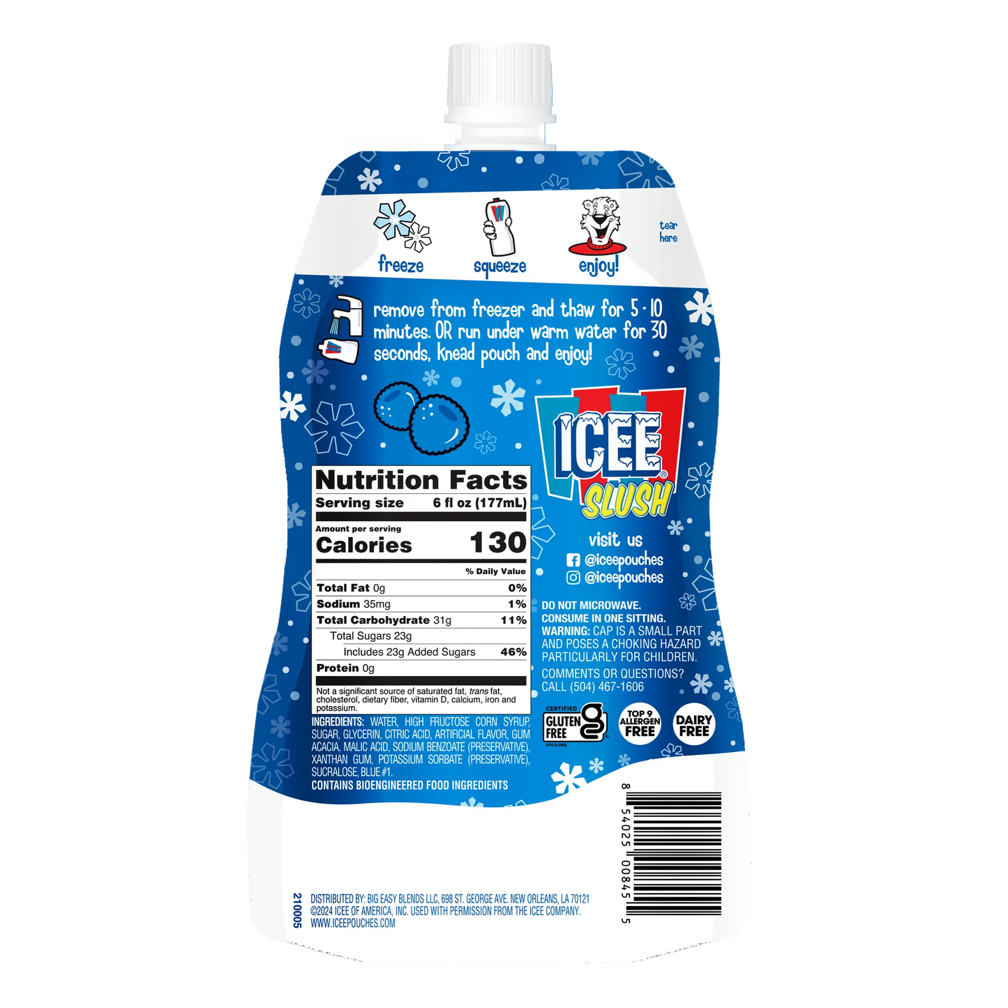 Icee Slush Frambuesa Azul Bolsa de Bebida para Congelar y Exprimir, 6 fl oz
