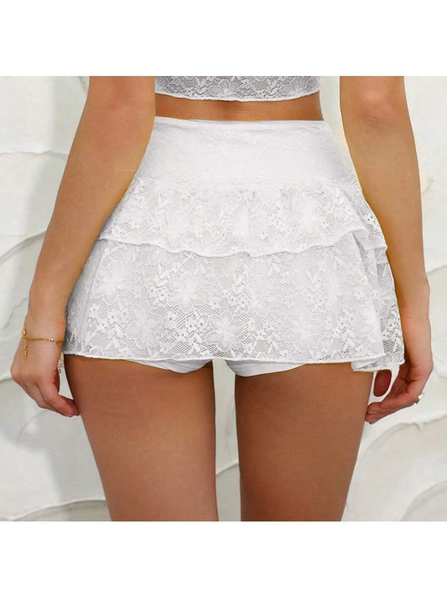 Women'S Lace Ruffle Drawstring Pleated Cute Cake Mini Skirt, Suitable for Gathering, Shopping, Party, White