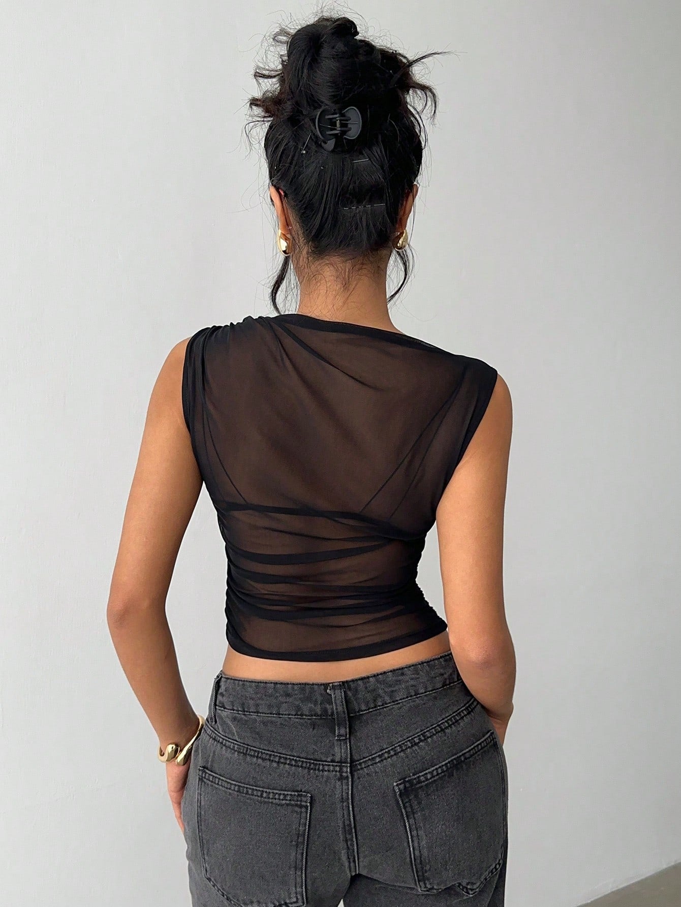 Siren Gaze Black Mesh See-Through Asymmetrical Neck Top, Music Festival Party Top, Summer Women'S,Easter /Concert Women Music Festival Holiday