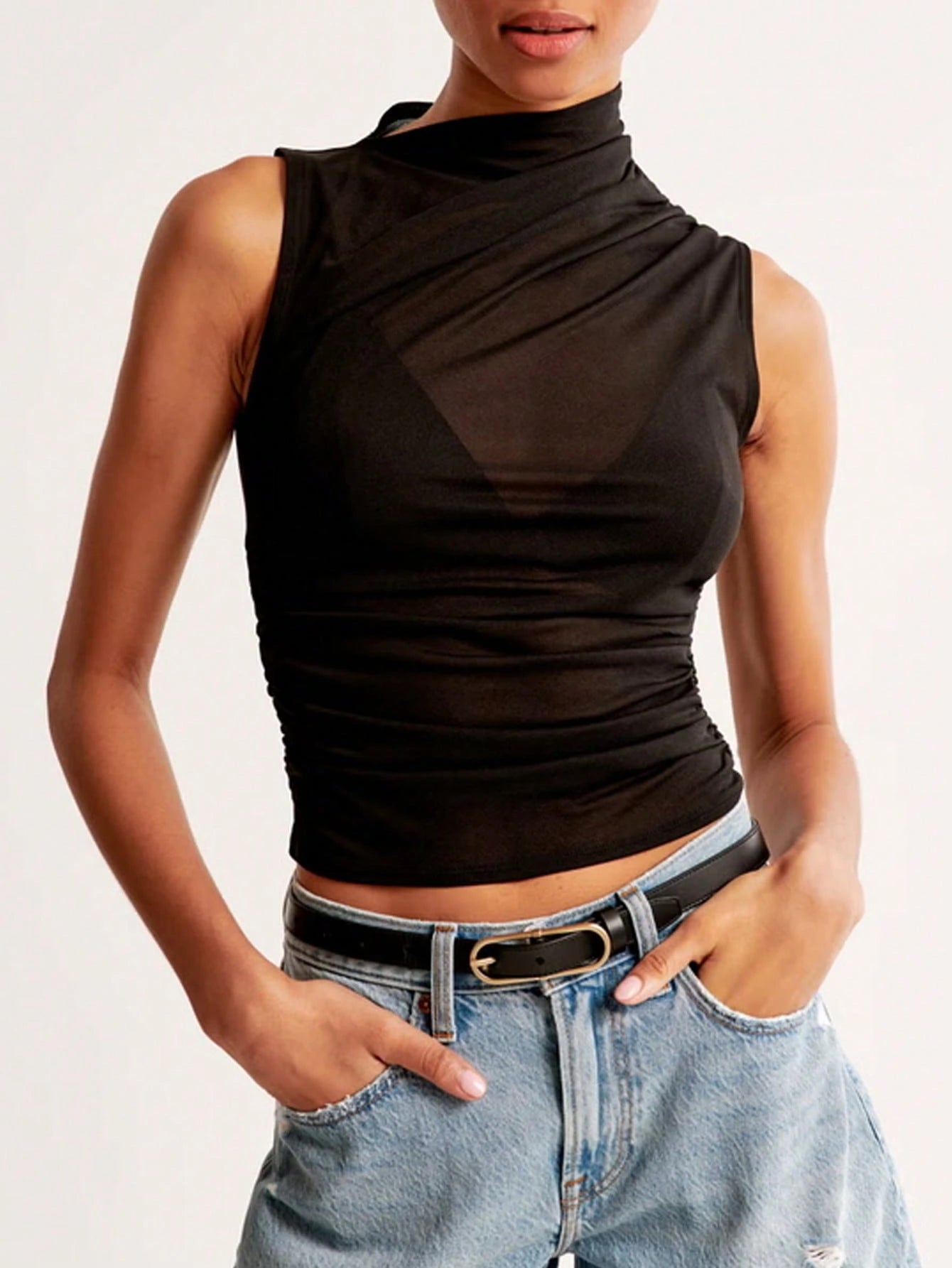 Siren Gaze Black Mesh See-Through Asymmetrical Neck Top, Music Festival Party Top, Summer Women'S,Easter /Concert Women Music Festival Holiday