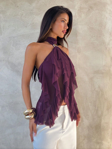 Aloruh Women'S Elegant Multi-Layer Ruffle Trim Stand Collar Fitted Tank Top Purple