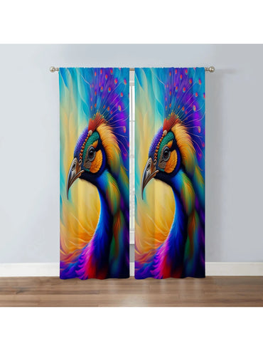 2Pcs Peacock Print Curtain