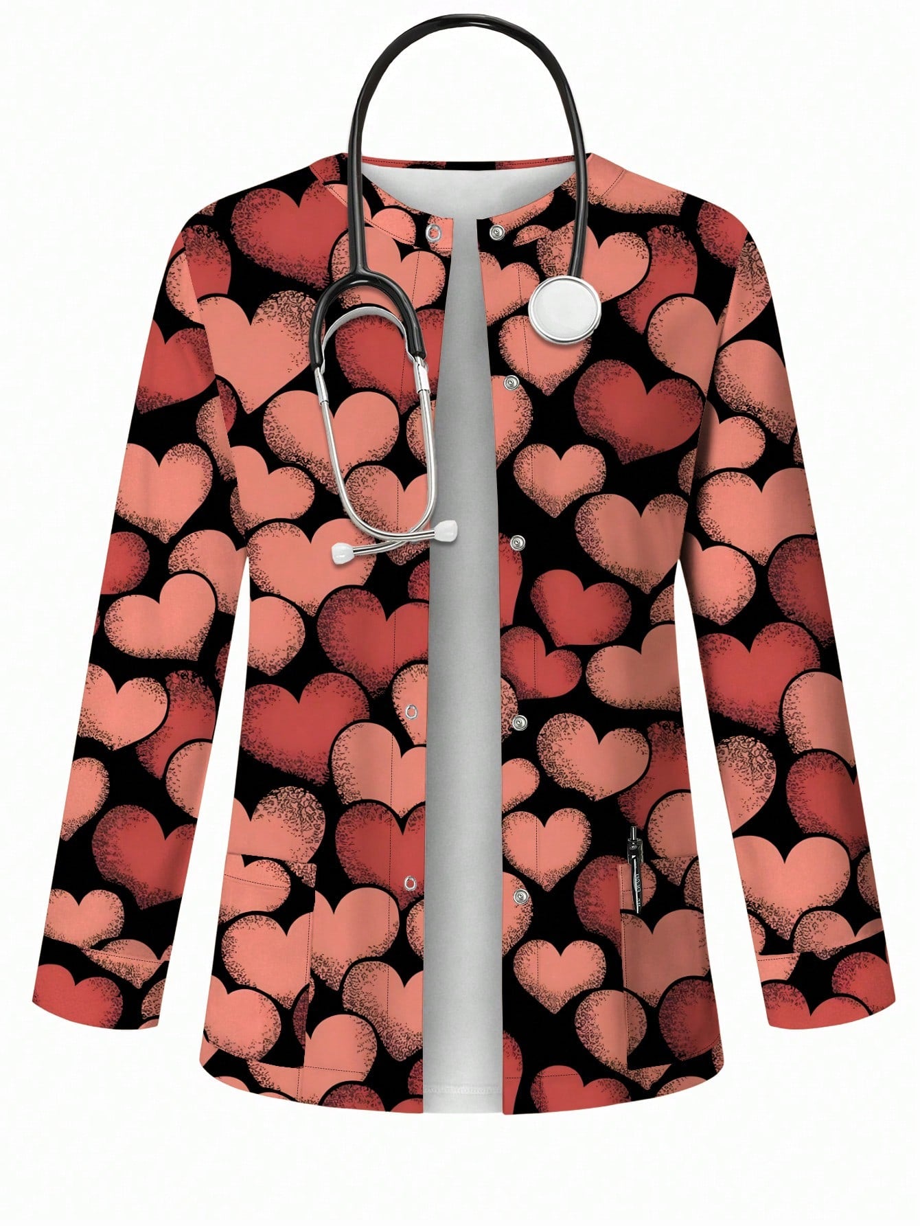 Popscrub Women'S Casual Heart Print Cardigan Jacket, Suitable for /Nursing Uniforms, Spring/Summer Valentine'S Day